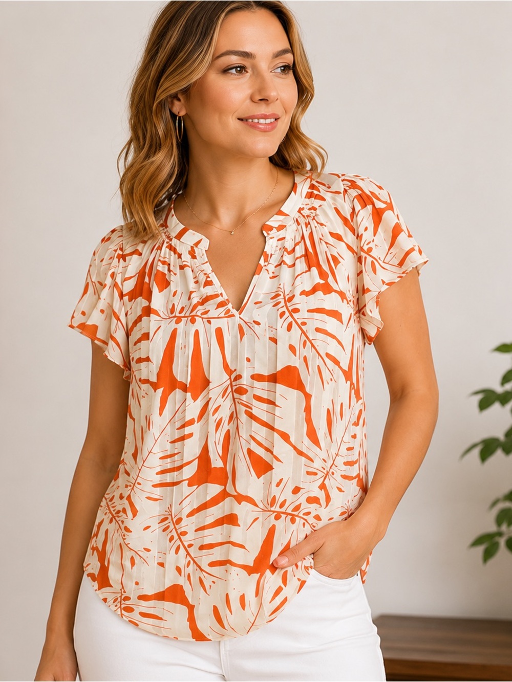 Rachel Rachel Roy Tropical Leaf Print Flutter Sleeve Split Neck Blouse Women’s M
